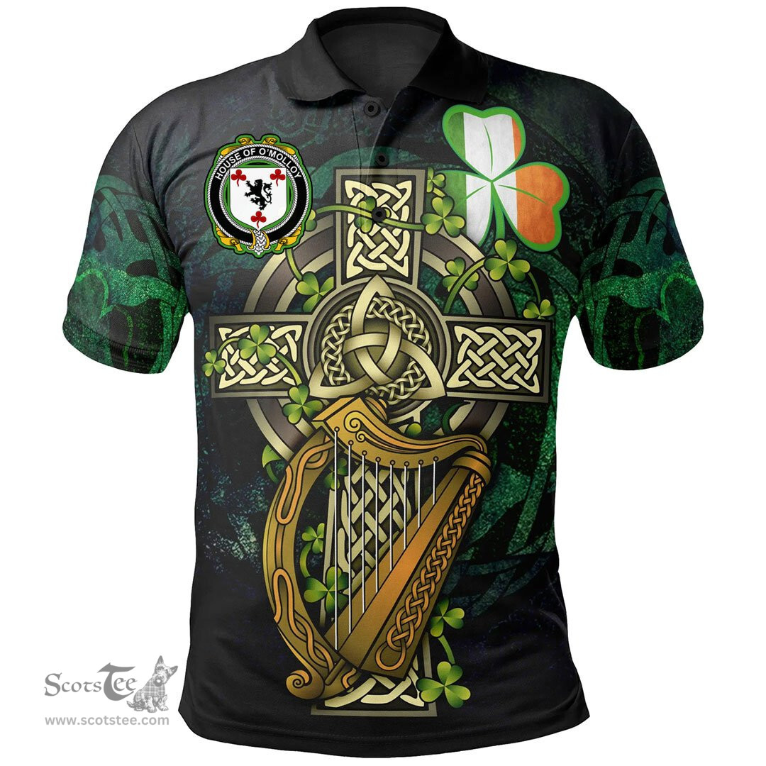 ScotsTee Shop Irish House of O'MOLLOY Irish Family Crest Polo Shirt - Ireland Shamrock with Celtic Cross A7