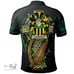 ScotsTee Shop Irish Langford Irish Family Crest Polo Shirt - Ireland Shamrock with Celtic Cross A7