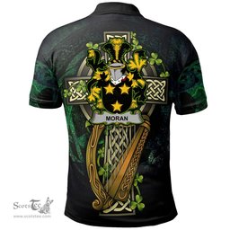 ScotsTee Shop Irish Moran or O'Moran Irish Family Crest Polo Shirt - Ireland Shamrock with Celtic Cross A7