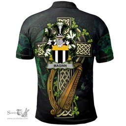 ScotsTee Shop Irish Maginn or Ginn Irish Family Crest Polo Shirt - Ireland Shamrock with Celtic Cross A7
