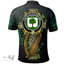 ScotsTee Shop Irish House of O'FLANAGAN Irish Family Crest Polo Shirt - Ireland Shamrock with Celtic Cross A7