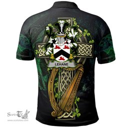 ScotsTee Shop Irish Lehane or O'Lehane Irish Family Crest Polo Shirt - Ireland Shamrock with Celtic Cross A7