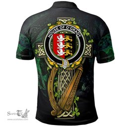 ScotsTee Shop Irish House of O'GRADY Irish Family Crest Polo Shirt - Ireland Shamrock with Celtic Cross A7