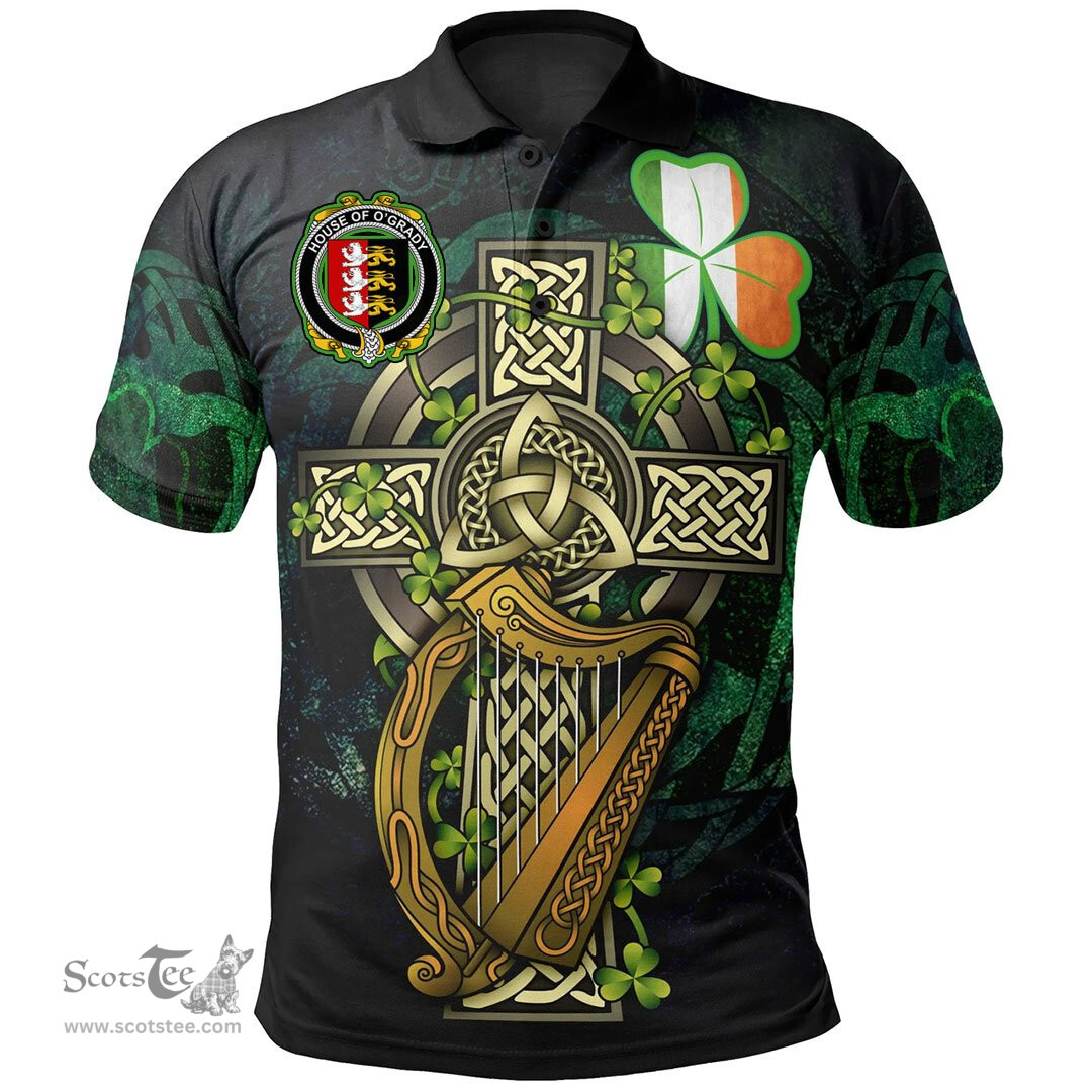 ScotsTee Shop Irish House of O'GRADY Irish Family Crest Polo Shirt - Ireland Shamrock with Celtic Cross A7