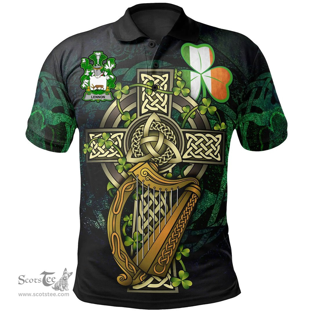 ScotsTee Shop Irish Lennon or O'Lennon Irish Family Crest Polo Shirt - Ireland Shamrock with Celtic Cross A7