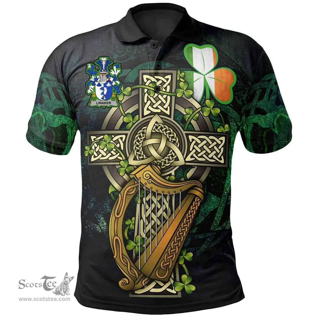 ScotsTee Shop Irish Linaker Irish Family Crest Polo Shirt - Ireland Shamrock with Celtic Cross A7