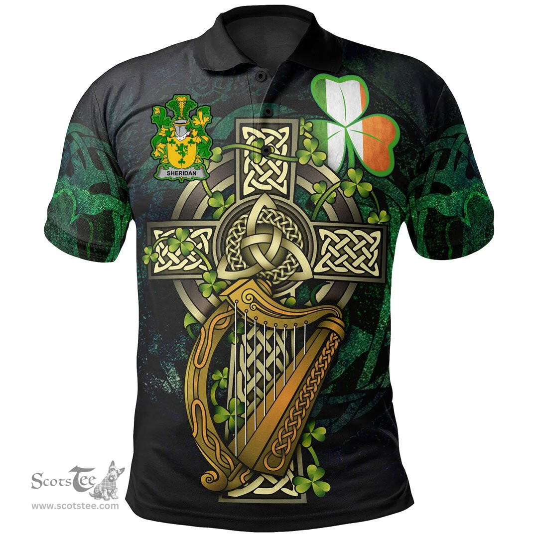 ScotsTee Shop Irish Sheridan Irish Family Crest Polo Shirt - Ireland Shamrock with Celtic Cross A7