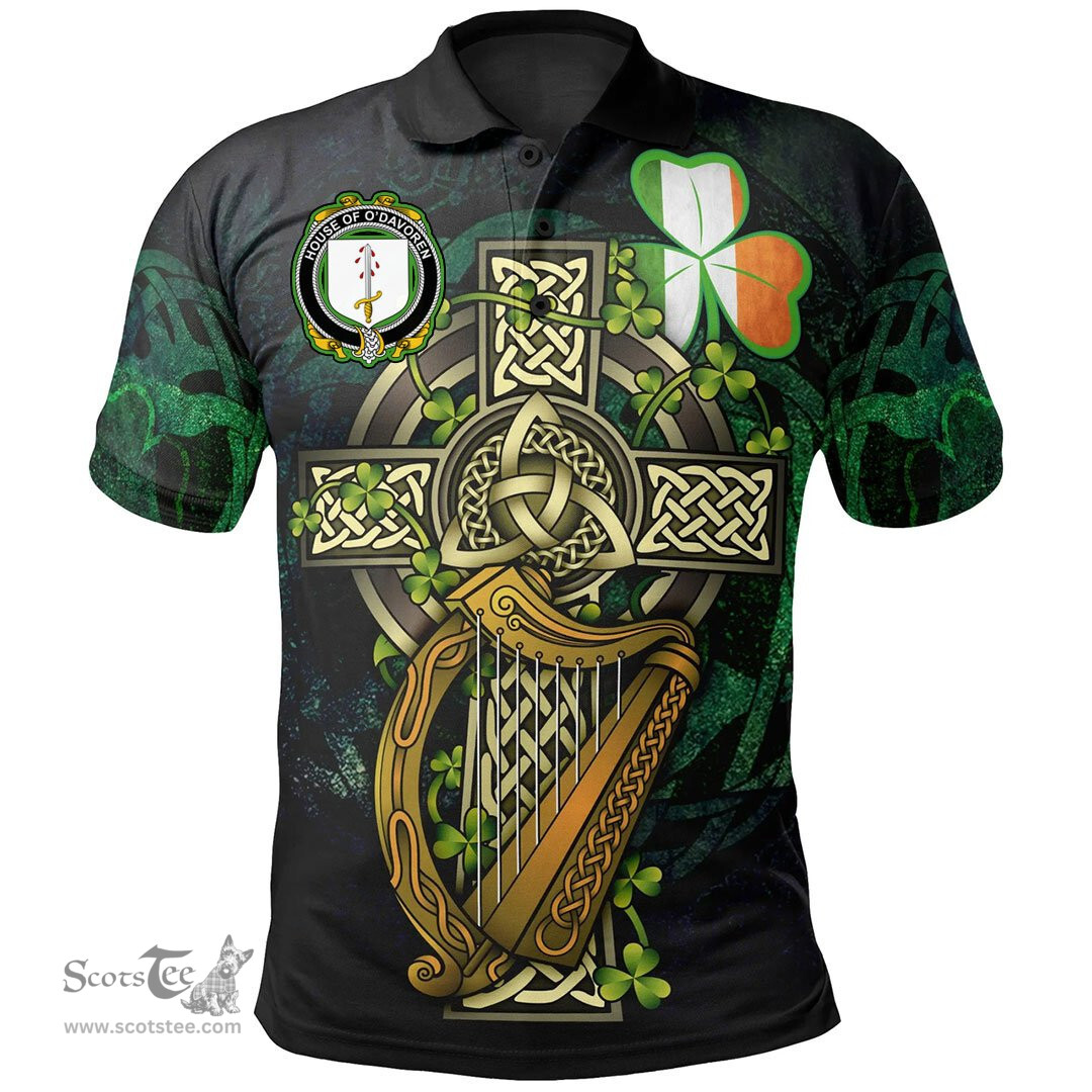 ScotsTee Shop Irish House of O'DAVOREN Irish Family Crest Polo Shirt - Ireland Shamrock with Celtic Cross A7