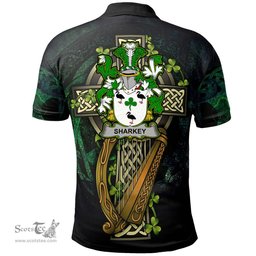 ScotsTee Shop Irish Sharkey or O'Sharkey Irish Family Crest Polo Shirt - Ireland Shamrock with Celtic Cross A7