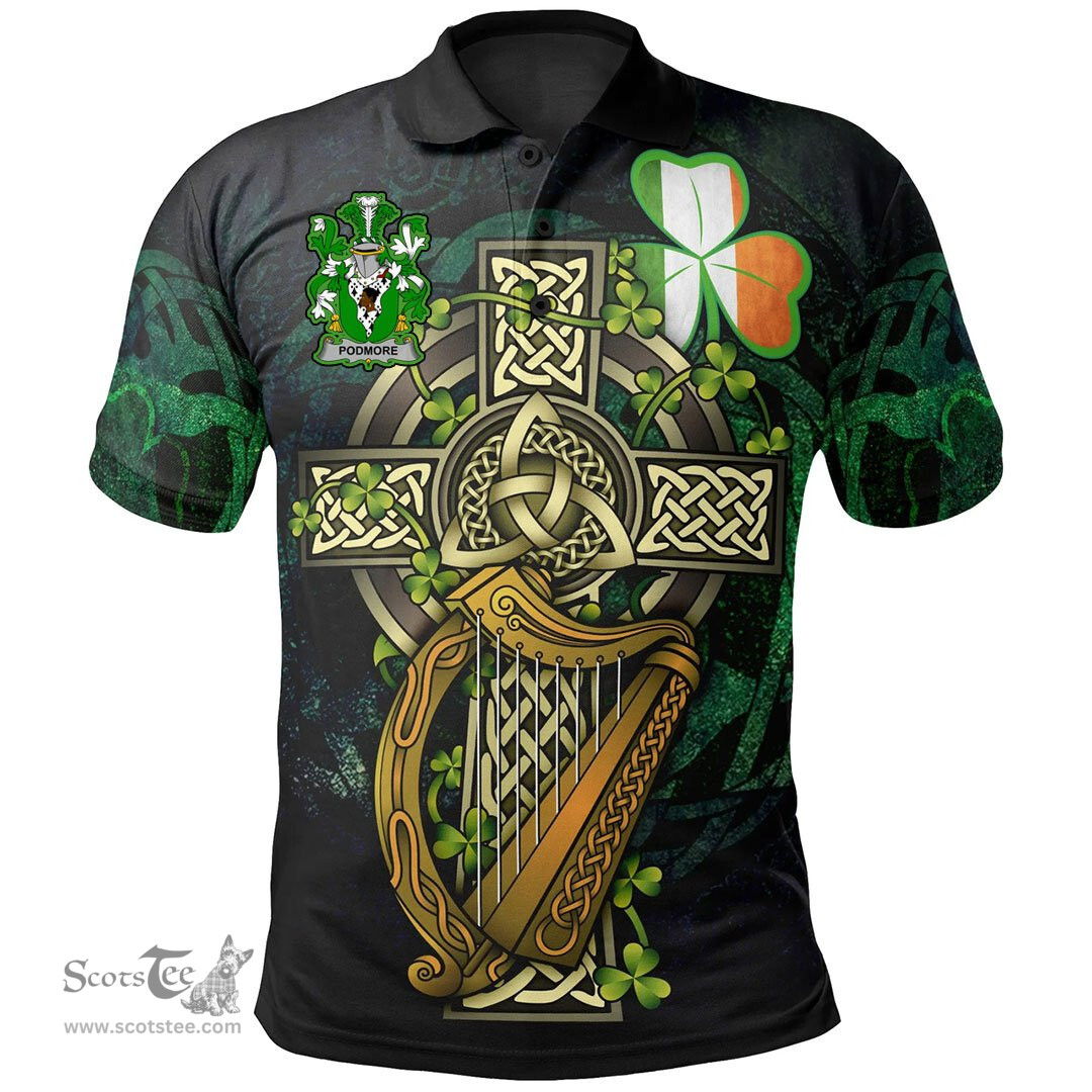ScotsTee Shop Irish Podmore Irish Family Crest Polo Shirt - Ireland Shamrock with Celtic Cross A7
