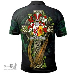 ScotsTee Shop Irish Quinlan or O'Quinlevan Irish Family Crest Polo Shirt - Ireland Shamrock with Celtic Cross A7
