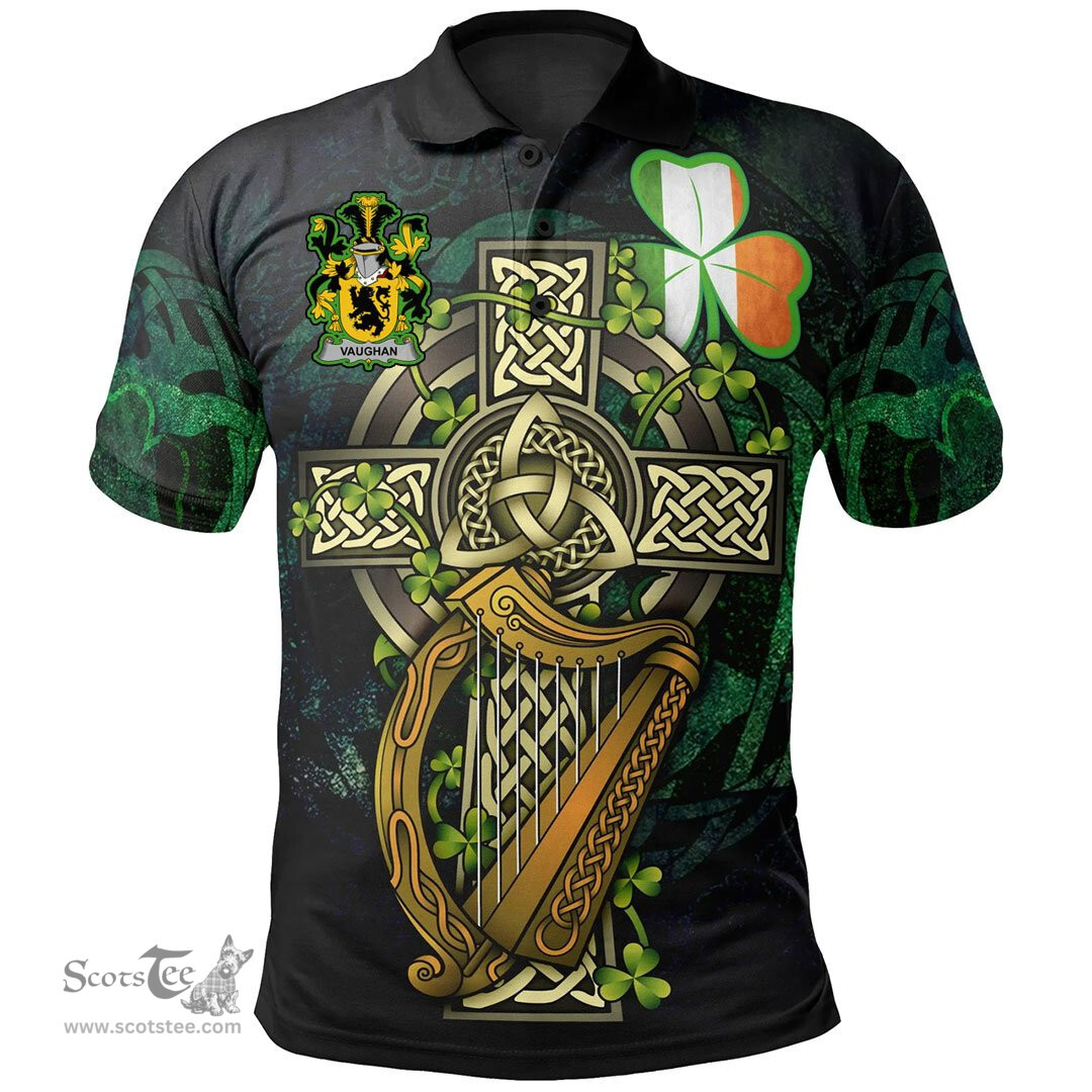 ScotsTee Shop Irish Vaughan Irish Family Crest Polo Shirt - Ireland Shamrock with Celtic Cross A7