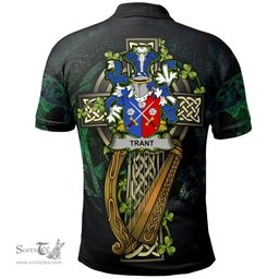 ScotsTee Shop Irish Trant or Trent Irish Family Crest Polo Shirt - Ireland Shamrock with Celtic Cross A7