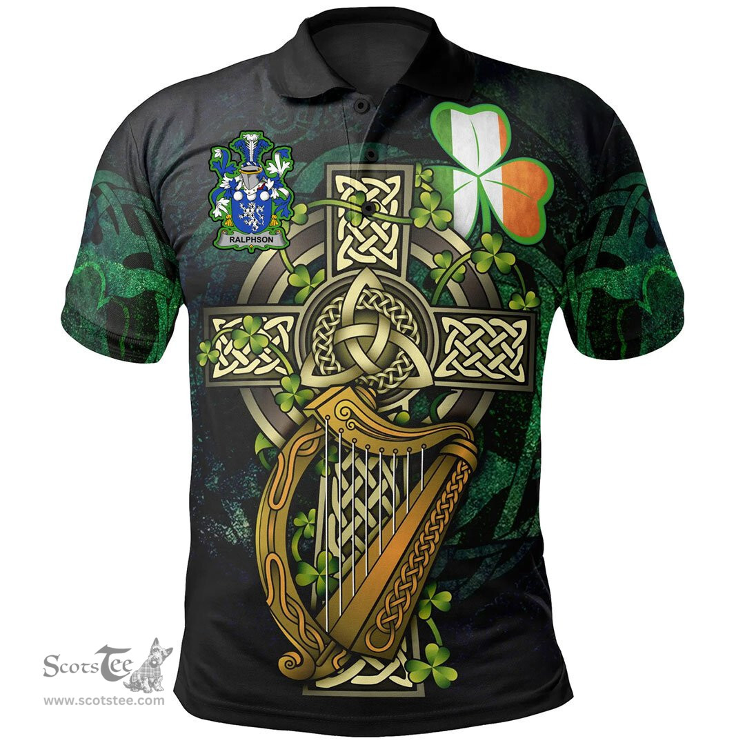 ScotsTee Shop Irish Ralphson Irish Family Crest Polo Shirt - Ireland Shamrock with Celtic Cross A7