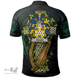 ScotsTee Shop Irish Regan or O'Regan Irish Family Crest Polo Shirt - Ireland Shamrock with Celtic Cross A7