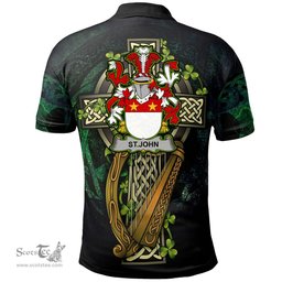 ScotsTee Shop Irish St.John Irish Family Crest Polo Shirt - Ireland Shamrock with Celtic Cross A7