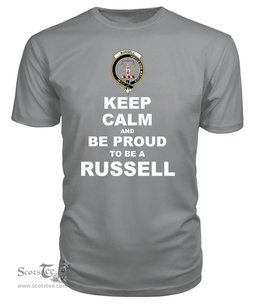 ScotsTee Shop Grey Tartan T Shirts Scottish Russell Clan Keep Calm and Be Proud To Be a Russell T Shirt
