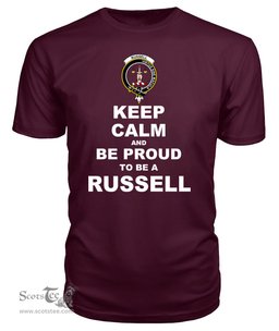 ScotsTee Shop Maroon Tartan T Shirts Scottish Russell Clan Keep Calm and Be Proud To Be a Russell T Shirt