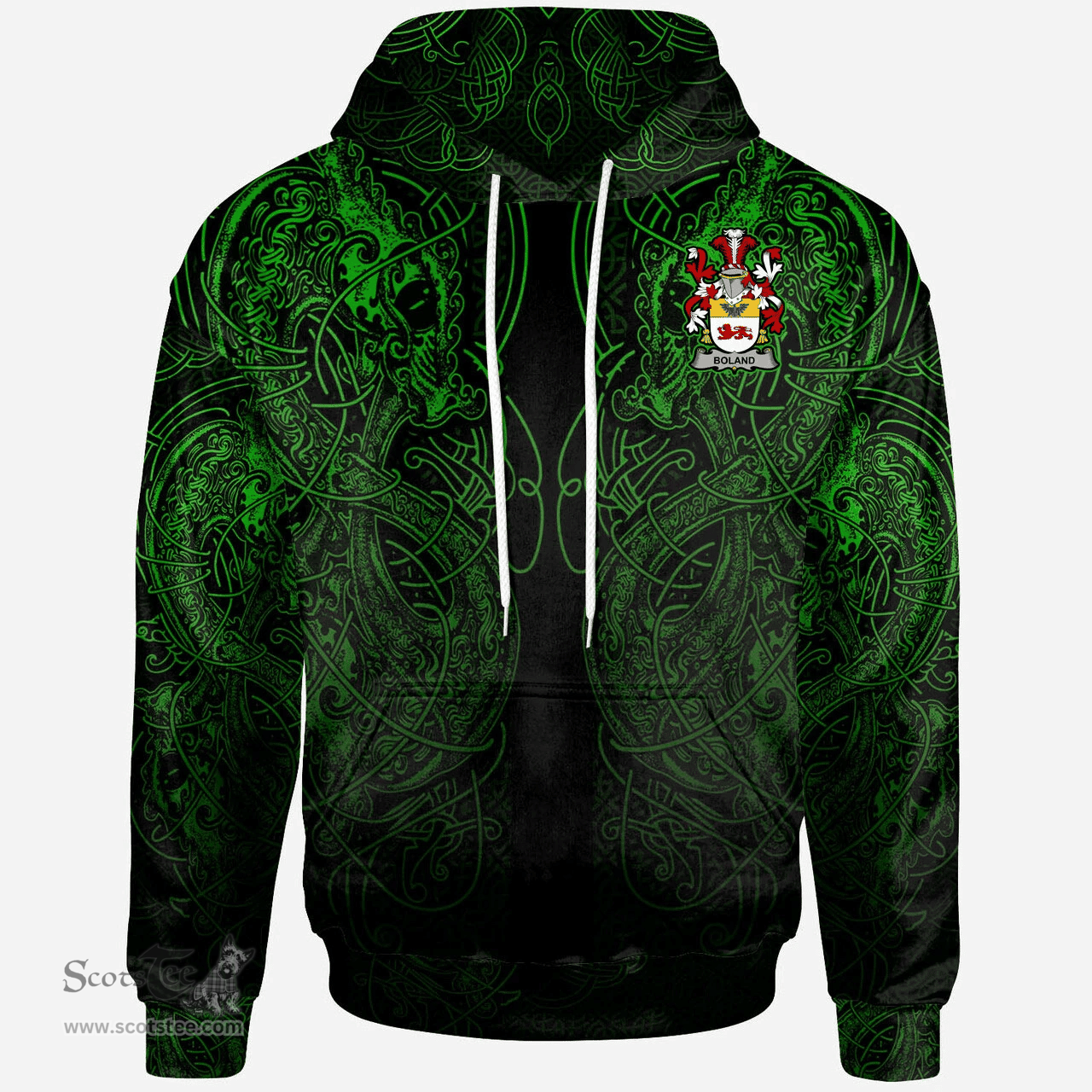 ScotsTee Shop Irish Boland or O'Boland Coat of Arms Family Crest Ireland Hoodie Green Celtic Dragon Hoodie