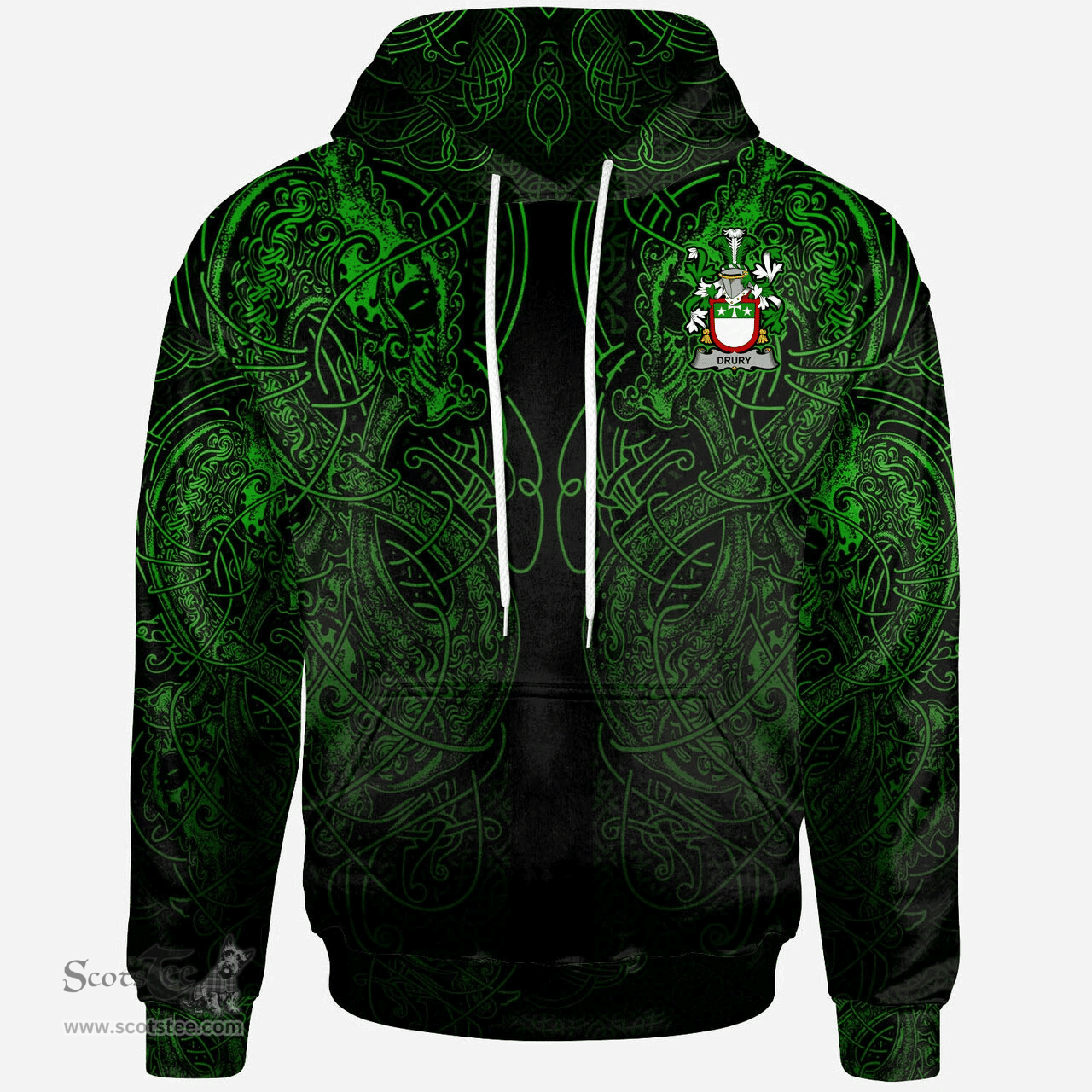 ScotsTee Shop Irish Drury or McDrury Coat of Arms Family Crest Ireland Hoodie Green Celtic Dragon Hoodie