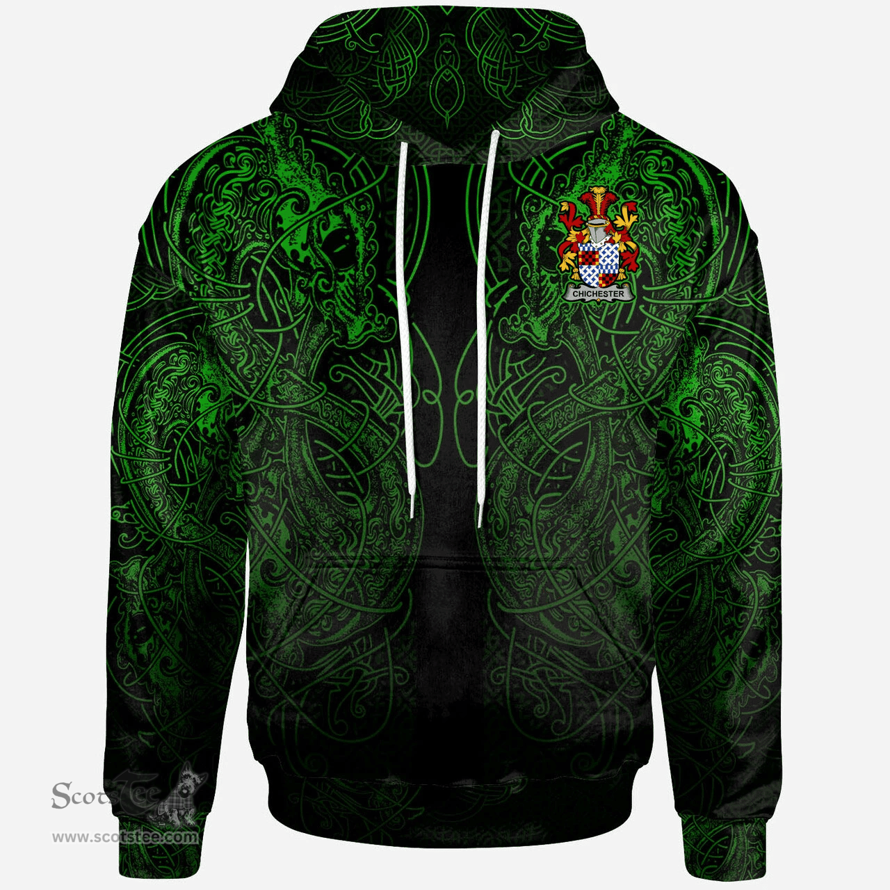 ScotsTee Shop Irish Chichester Coat of Arms Family Crest Ireland Hoodie Green Celtic Dragon Hoodie