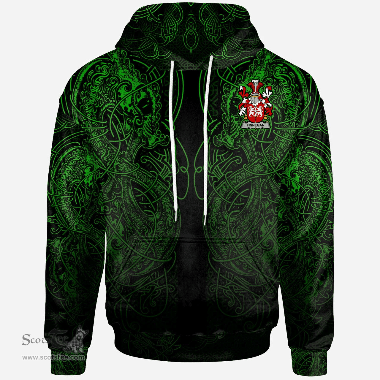 ScotsTee Shop Irish Finnegan or O'Finnegan Coat of Arms Family Crest Ireland Hoodie Green Celtic Dragon Hoodie
