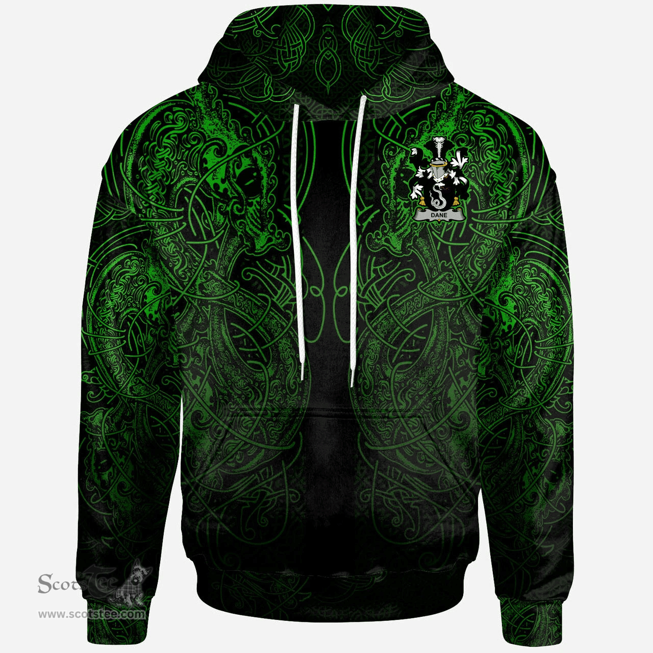 ScotsTee Shop Irish Dane or O'Dane Coat of Arms Family Crest Ireland Hoodie Green Celtic Dragon Hoodie
