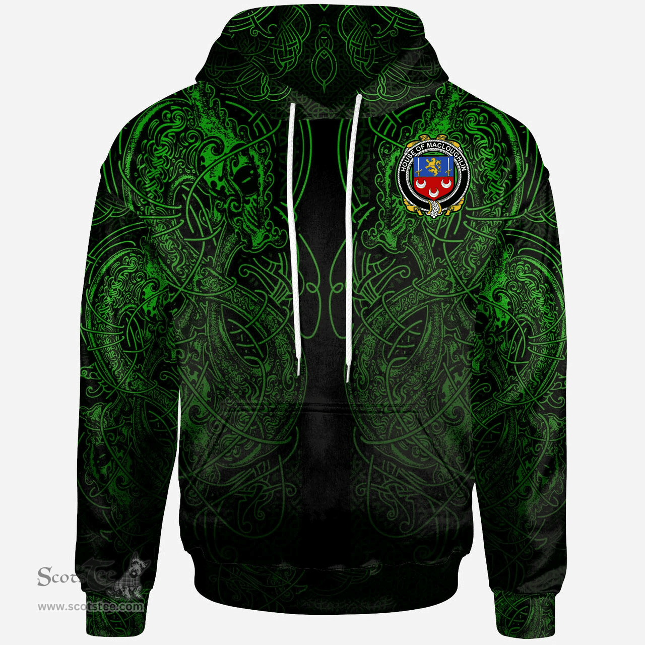 ScotsTee Shop Irish House of MACLOUGHLIN (Tirconnell) Coat of Arms Family Crest Ireland Hoodie Green Celtic Dragon Hoodie