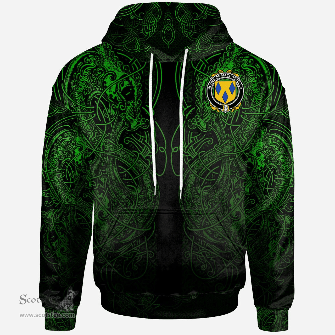 ScotsTee Shop Irish House of MACCOSTELLO Coat of Arms Family Crest Ireland Hoodie Green Celtic Dragon Hoodie