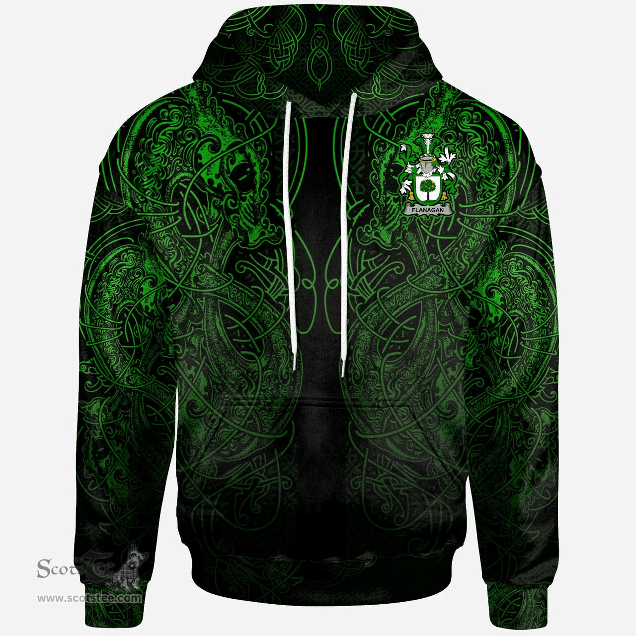 ScotsTee Shop Irish Flanagan or O'Flanagan Coat of Arms Family Crest Ireland Hoodie Green Celtic Dragon Hoodie