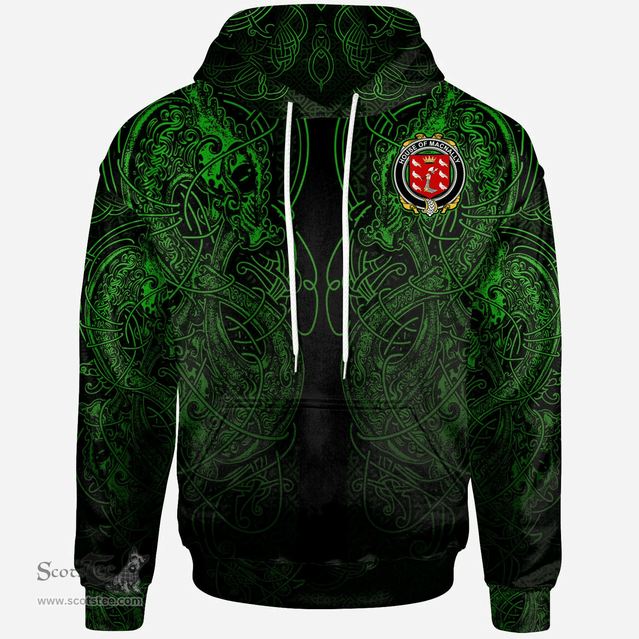 ScotsTee Shop Irish House of MACNALLY Coat of Arms Family Crest Ireland Hoodie Green Celtic Dragon Hoodie