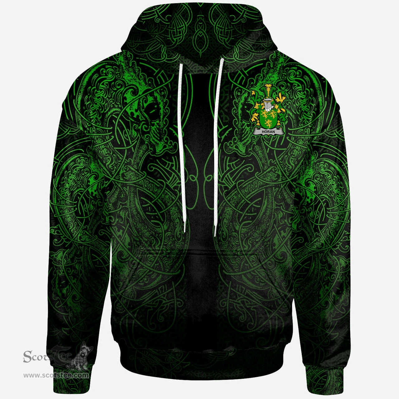 ScotsTee Shop Irish Horan or O'Horan Coat of Arms Family Crest Ireland Hoodie Green Celtic Dragon Hoodie