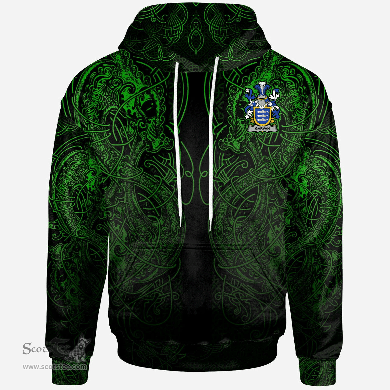 ScotsTee Shop Irish Garvan or O'Garvan Coat of Arms Family Crest Ireland Hoodie Green Celtic Dragon Hoodie