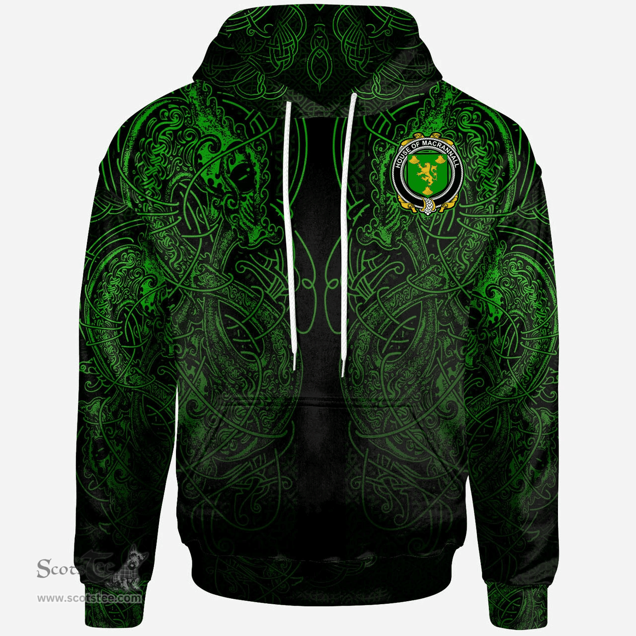 ScotsTee Shop Irish House of MACRANNALL (REYNOLDS) Coat of Arms Family Crest Ireland Hoodie Green Celtic Dragon Hoodie