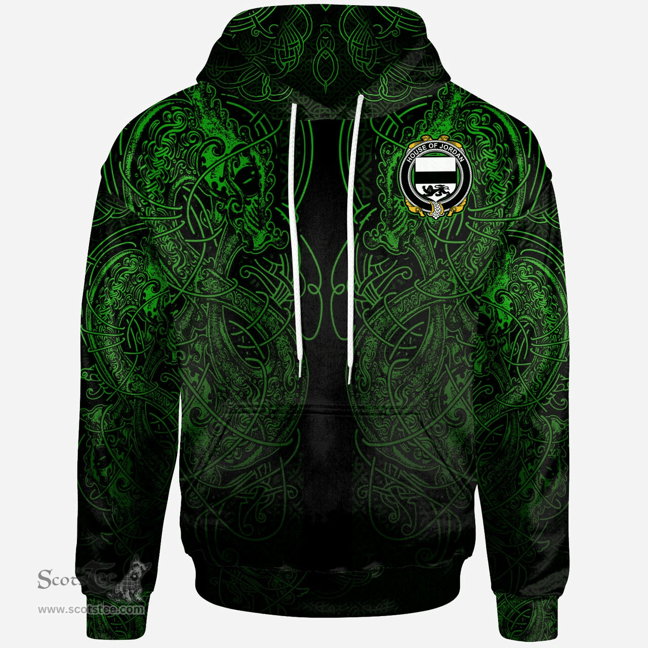 ScotsTee Shop Irish House of JORDAN Coat of Arms Family Crest Ireland Hoodie Green Celtic Dragon Hoodie