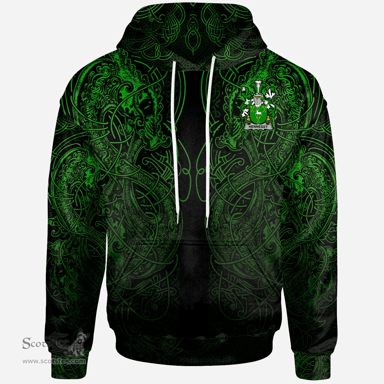 ScotsTee Shop Irish Hennessy or O'Hennessy Coat of Arms Family Crest Ireland Hoodie Green Celtic Dragon Hoodie