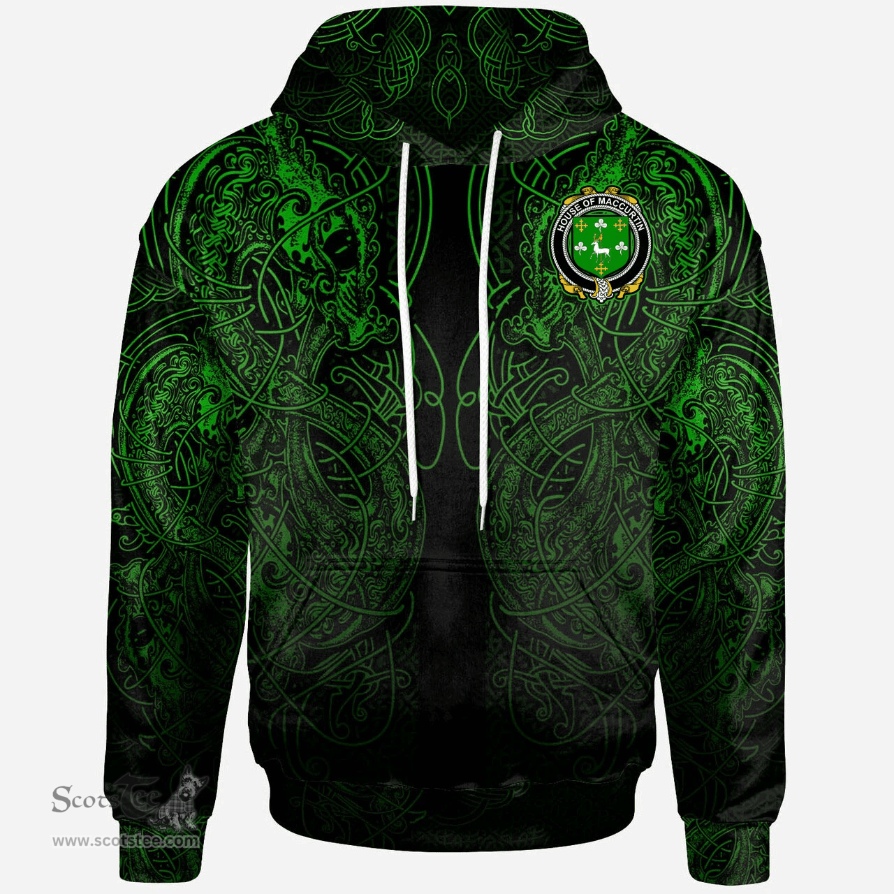 ScotsTee Shop Irish House of MACCURTIN Coat of Arms Family Crest Ireland Hoodie Green Celtic Dragon Hoodie