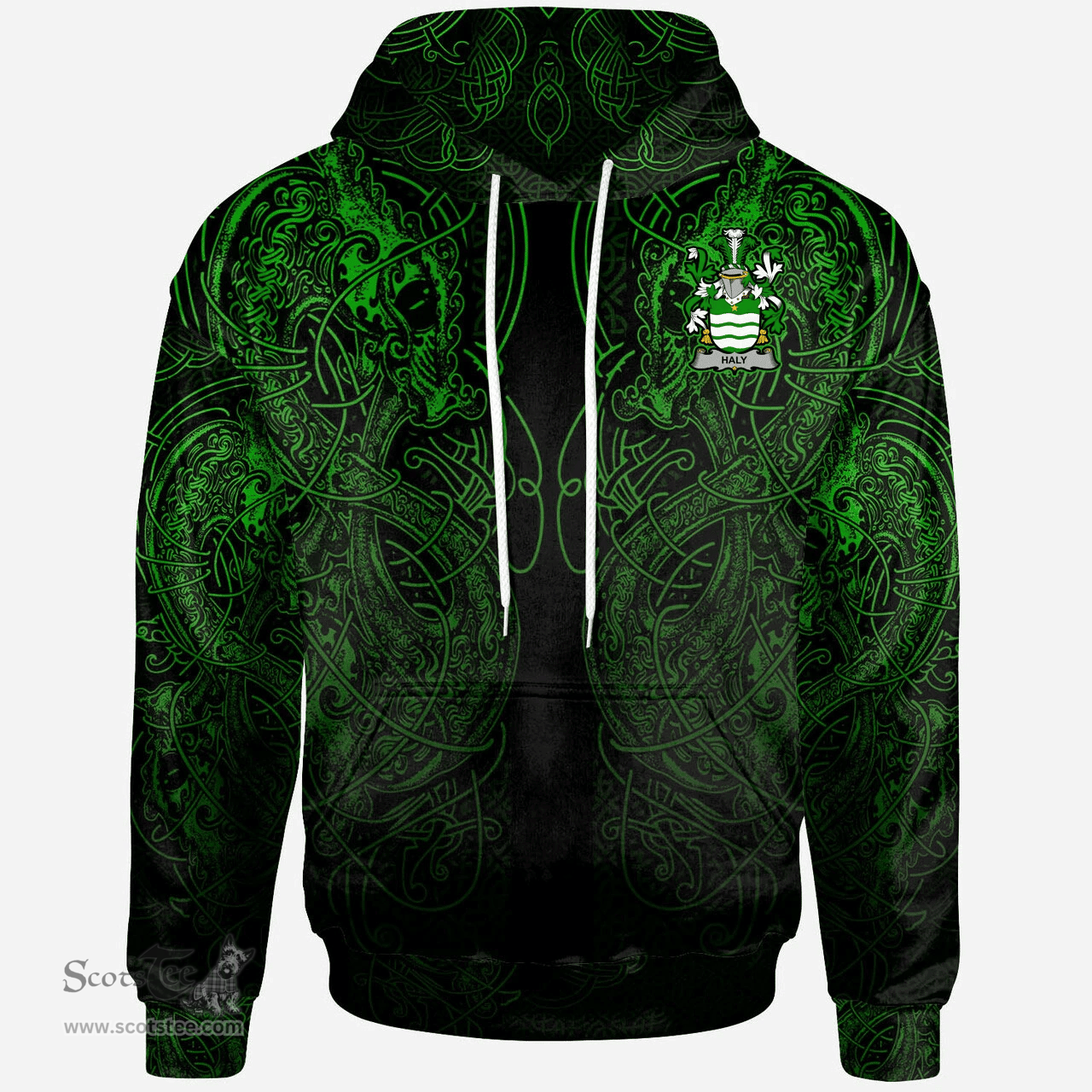 ScotsTee Shop Irish Haly or O'Haly Coat of Arms Family Crest Ireland Hoodie Green Celtic Dragon Hoodie