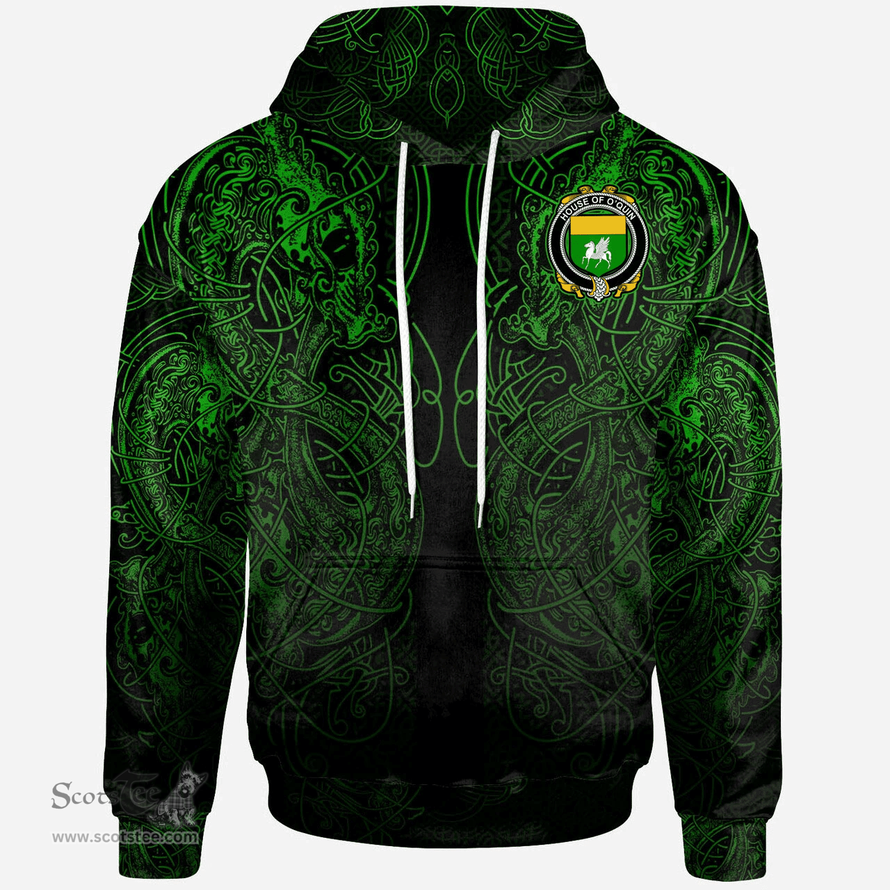 ScotsTee Shop Irish House of O'QUIN (Annaly) Coat of Arms Family Crest Ireland Hoodie Green Celtic Dragon Hoodie