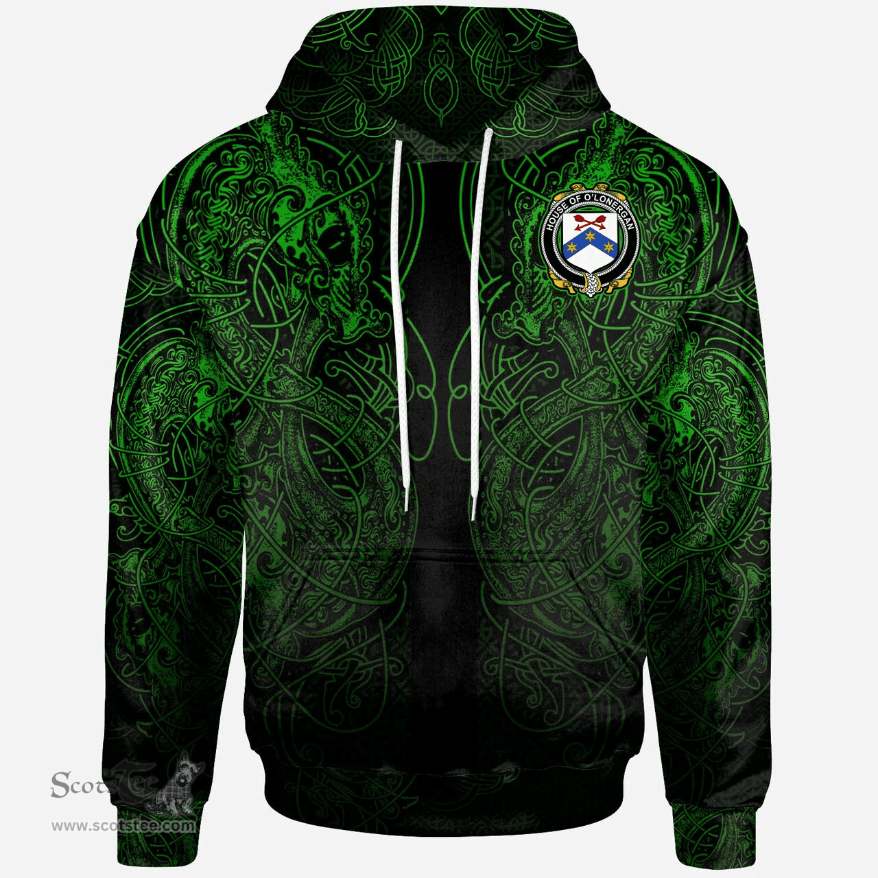 ScotsTee Shop Irish House of O'LONERGAN Coat of Arms Family Crest Ireland Hoodie Green Celtic Dragon Hoodie