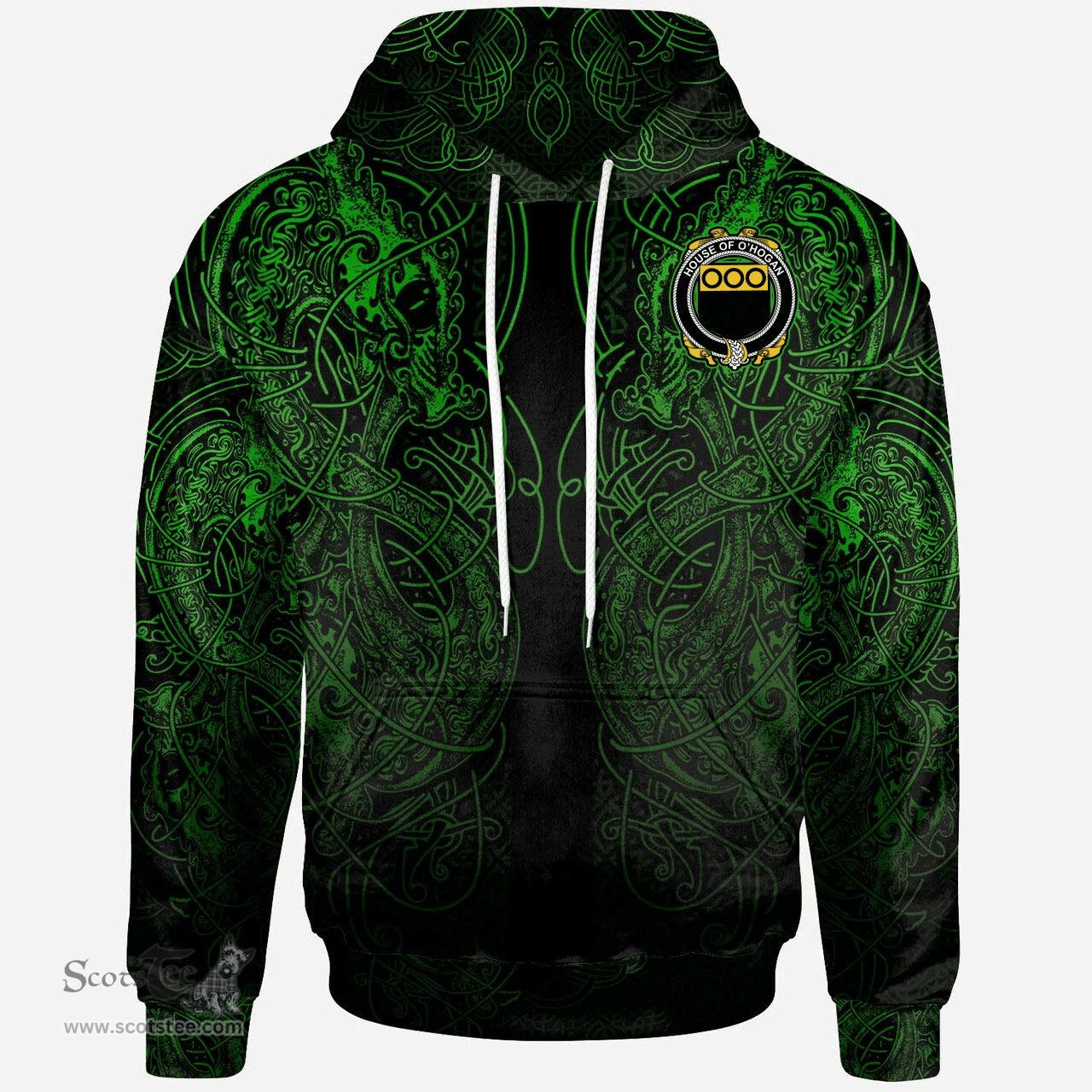 ScotsTee Shop Irish House of O'HOGAN Coat of Arms Family Crest Ireland Hoodie Green Celtic Dragon Hoodie