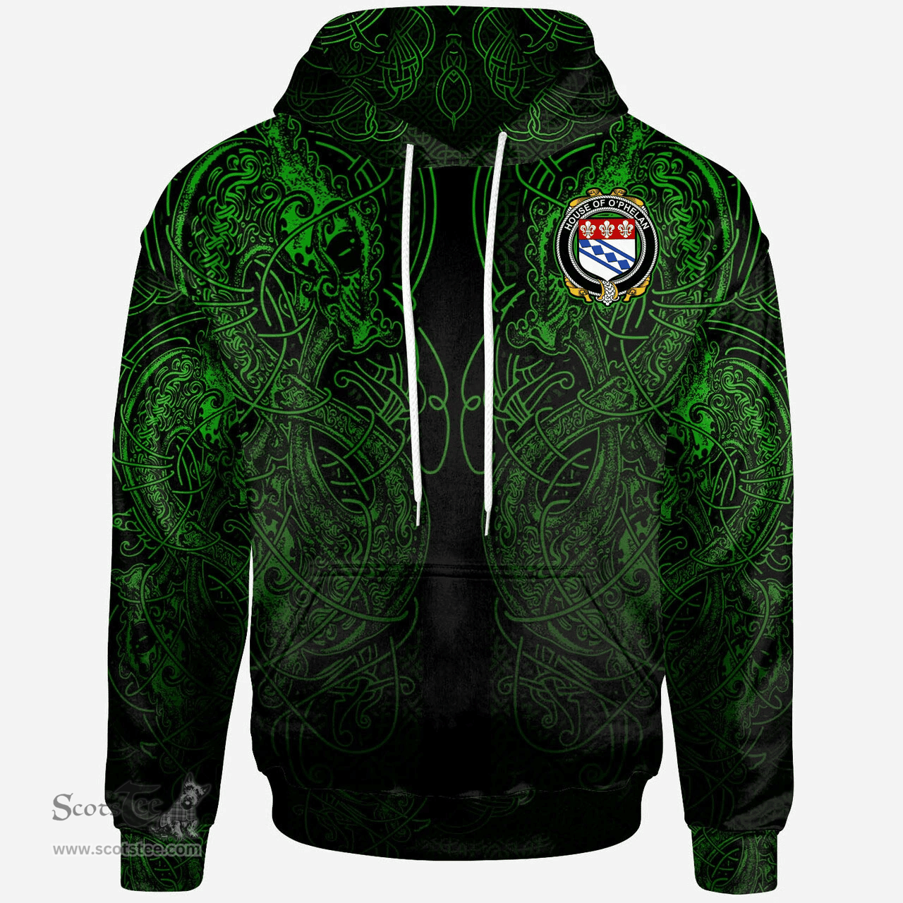 ScotsTee Shop Irish House of O'PHELAN Coat of Arms Family Crest Ireland Hoodie Green Celtic Dragon Hoodie