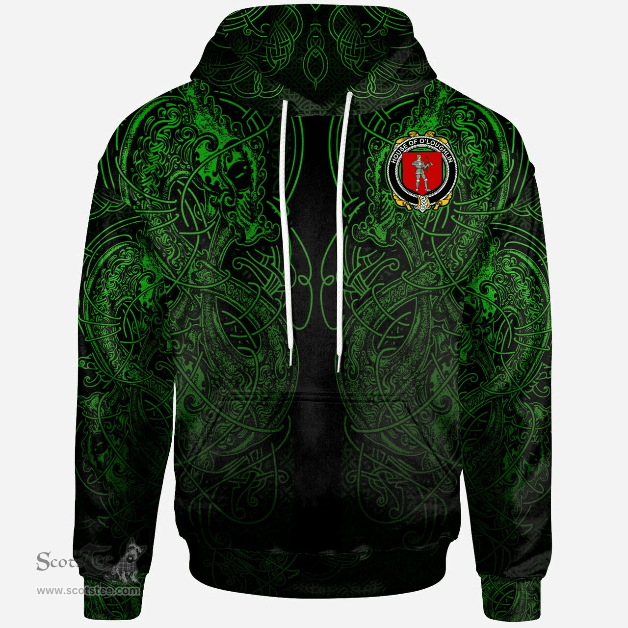 ScotsTee Shop Irish House of O'LOUGHLIN Coat of Arms Family Crest Ireland Hoodie Green Celtic Dragon Hoodie
