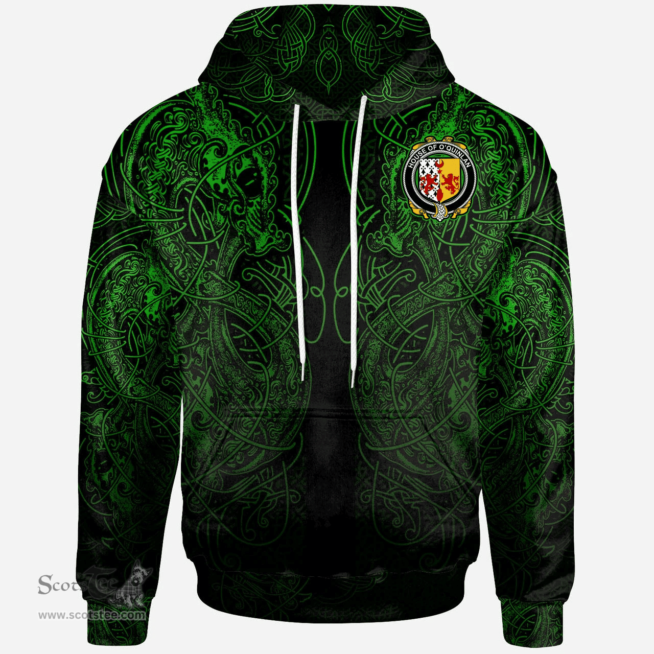 ScotsTee Shop Irish House of O'QUINLAN Coat of Arms Family Crest Ireland Hoodie Green Celtic Dragon Hoodie