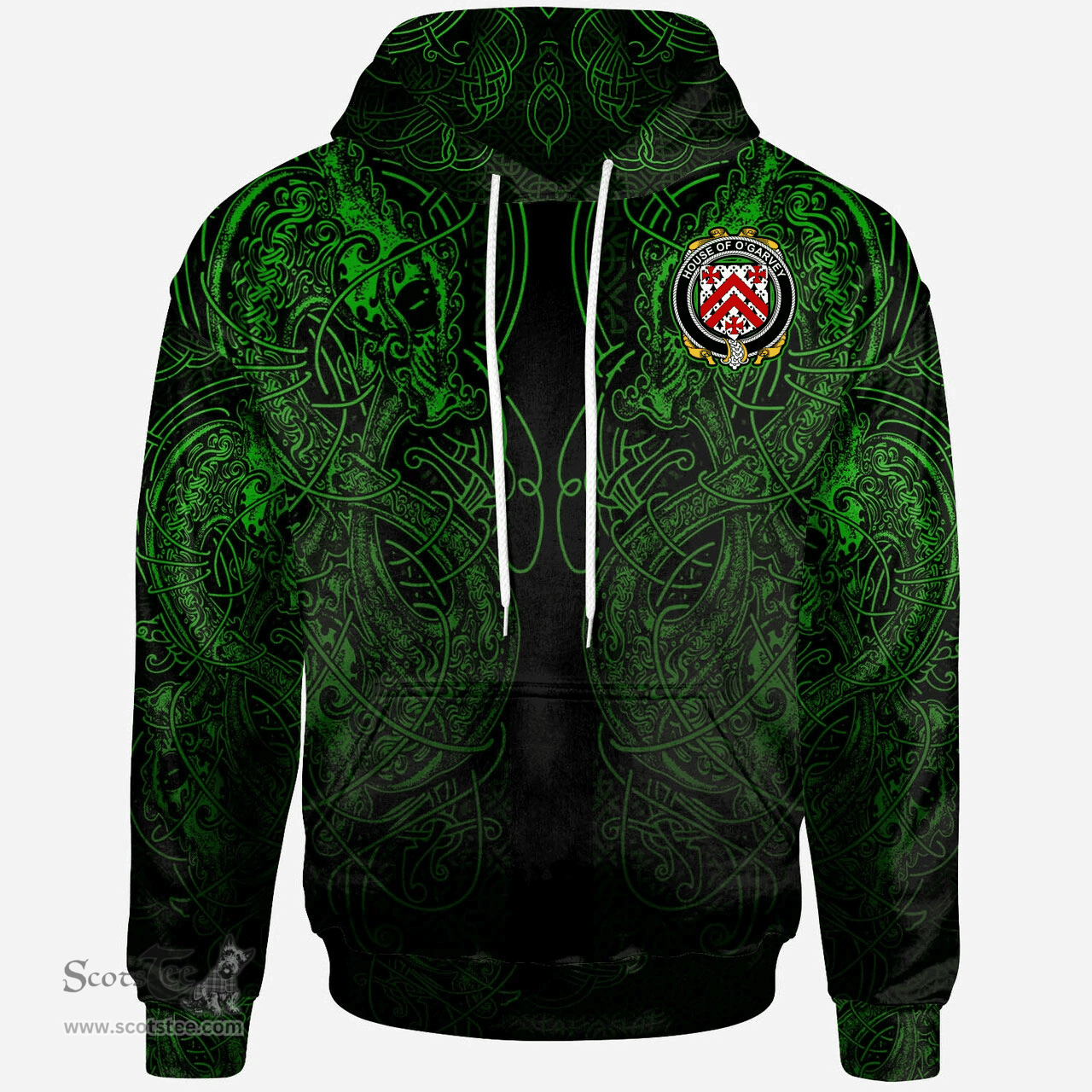 ScotsTee Shop Irish House of O'GARVEY Coat of Arms Family Crest Ireland Hoodie Green Celtic Dragon Hoodie