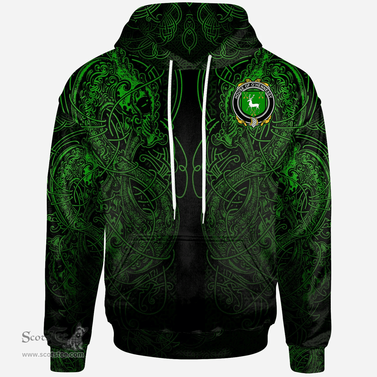 ScotsTee Shop Irish House of O'HENNESSY Coat of Arms Family Crest Ireland Hoodie Green Celtic Dragon Hoodie