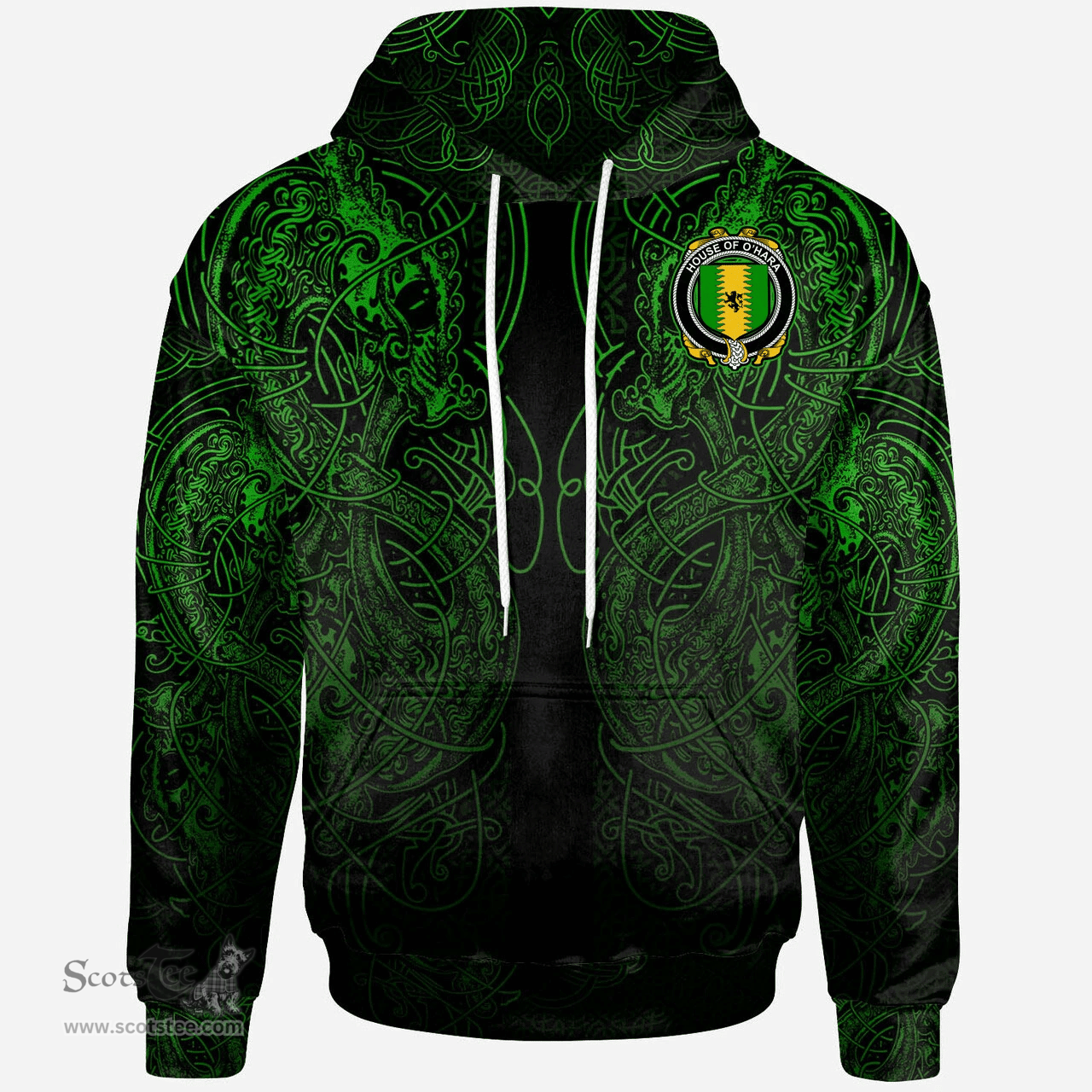 ScotsTee Shop Irish House of O'HARA Coat of Arms Family Crest Ireland Hoodie Green Celtic Dragon Hoodie