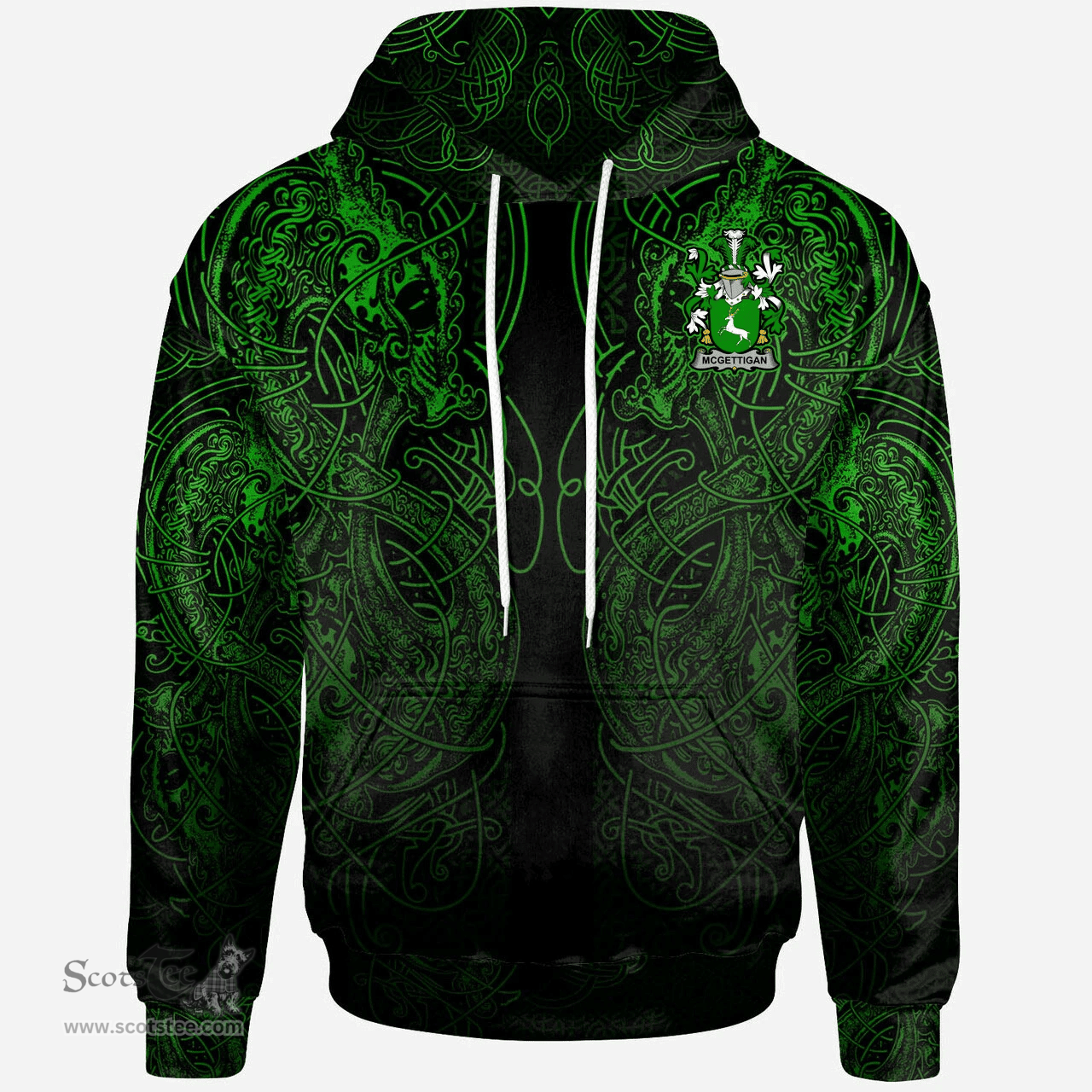 ScotsTee Shop Irish Lonergan or O'Lonergan Coat of Arms Family Crest Ireland Hoodie Green Celtic Dragon Hoodie