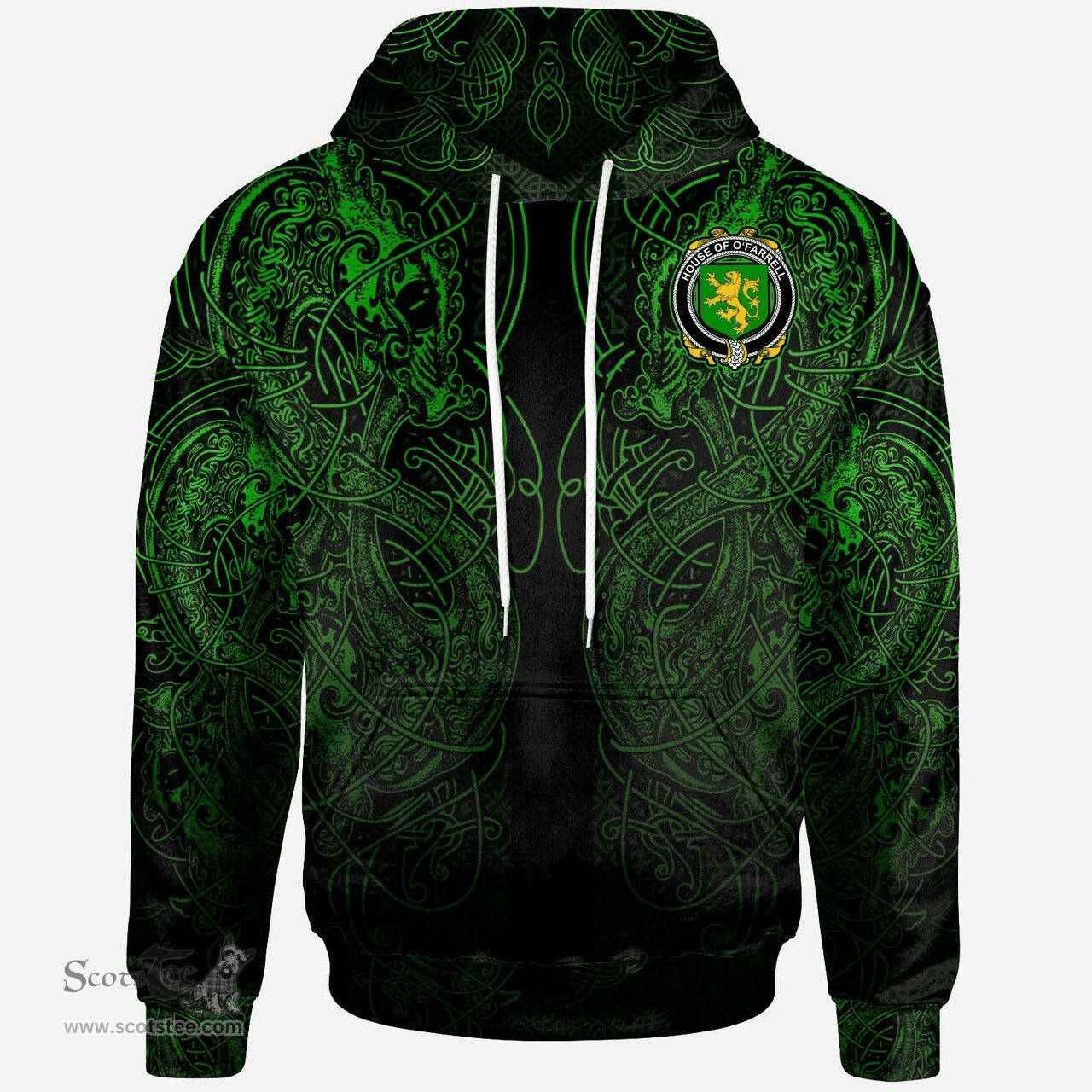 ScotsTee Shop Irish House of O'FARRELL Coat of Arms Family Crest Ireland Hoodie Green Celtic Dragon Hoodie