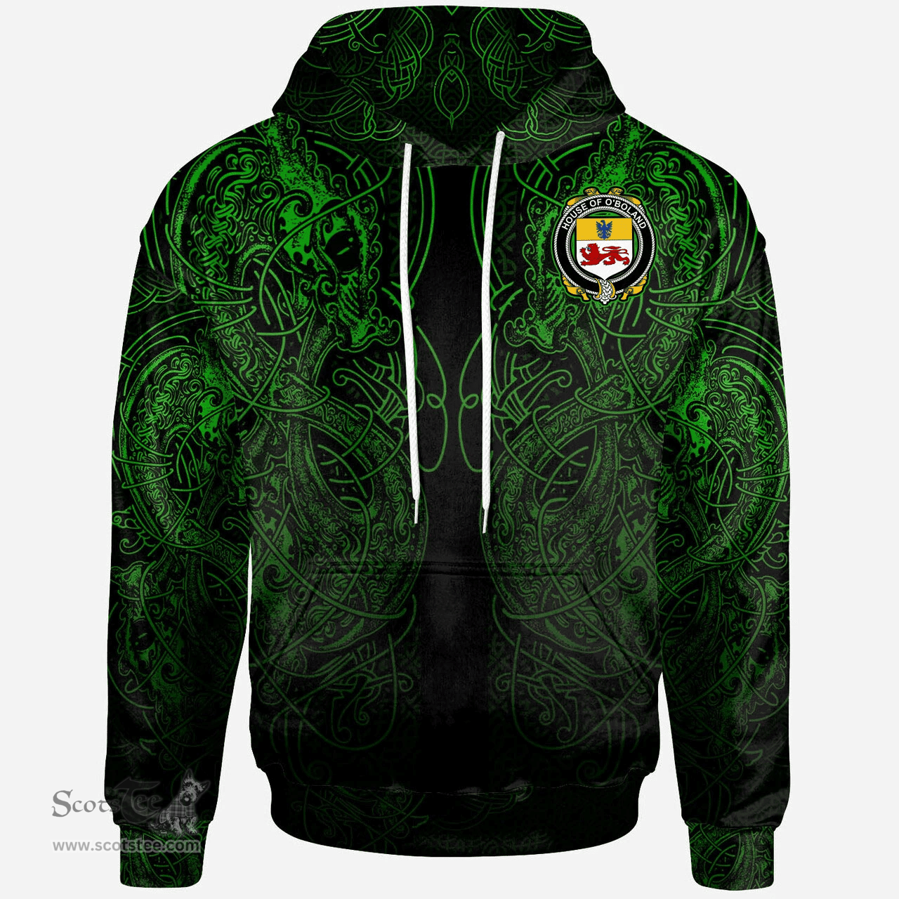 ScotsTee Shop Irish House of O'BOLAND Coat of Arms Family Crest Ireland Hoodie Green Celtic Dragon Hoodie